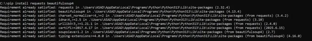 Terminal window showing pip install requests beautifulsoup4 completing successfully