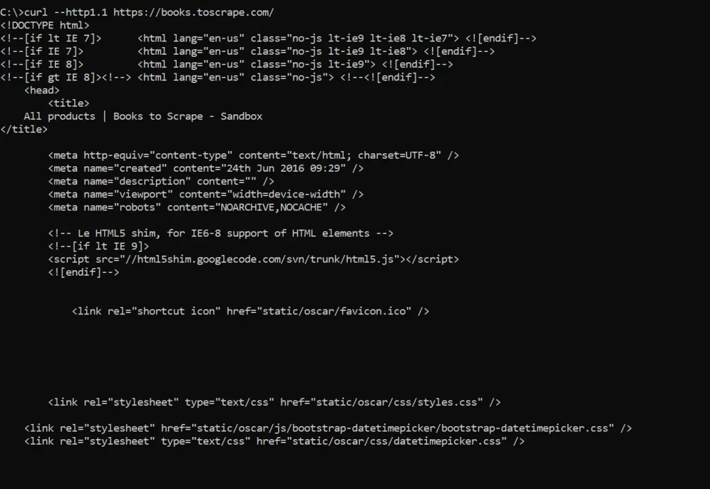 Terminal showing curl --http1.1 https://example.com completing with a 200 OK response