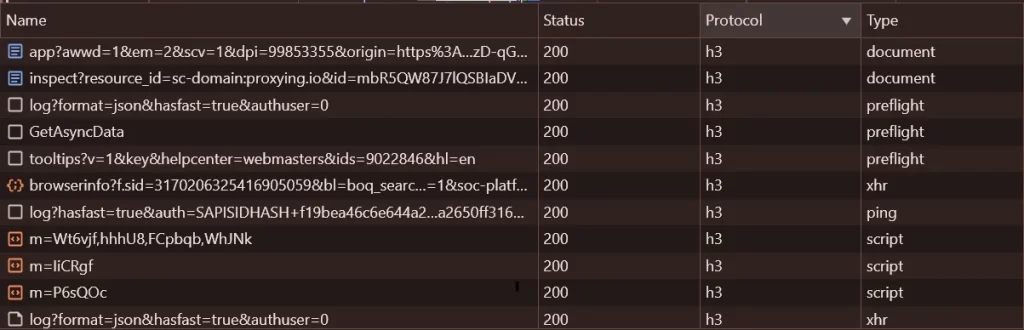 Chrome DevTools Network tab with the Protocol column visible, showing h3 next to a successful 200 response
