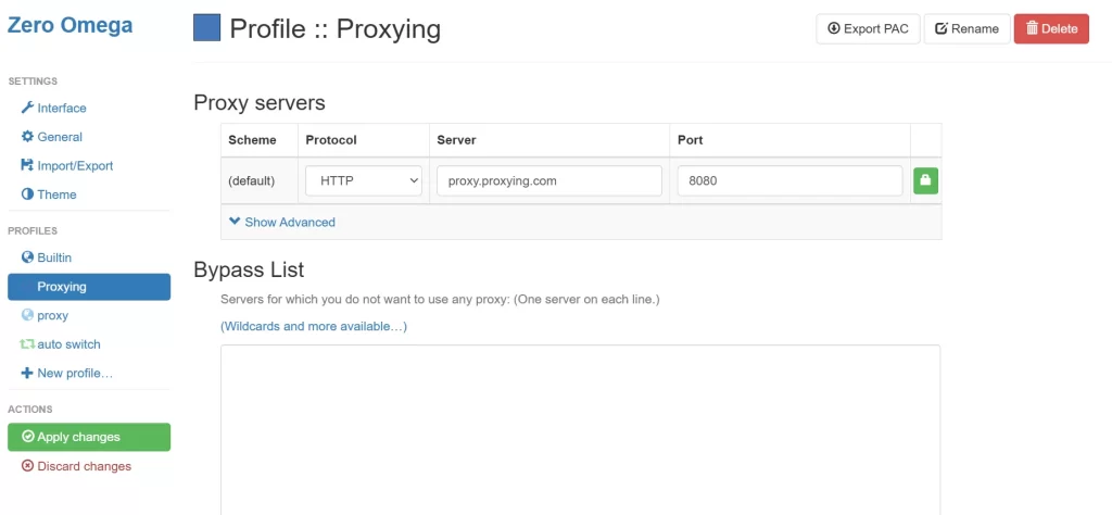 Proxy SwitchyOmega profile screen showing host, port, and authentication fields filled in with a proxy connection