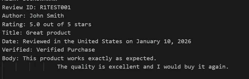 IDE showing the script above printing star ratings, titles, and review text to the console