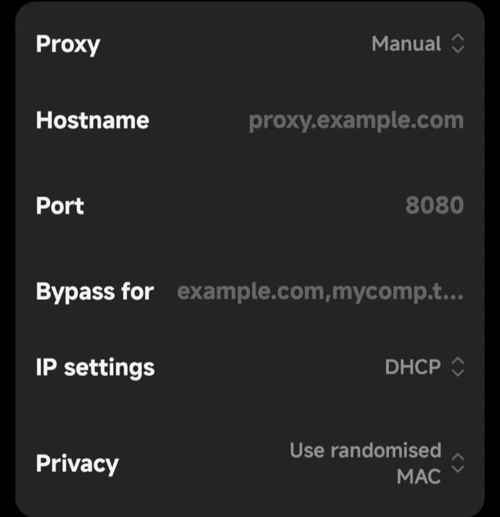 Manual proxy wifi settings