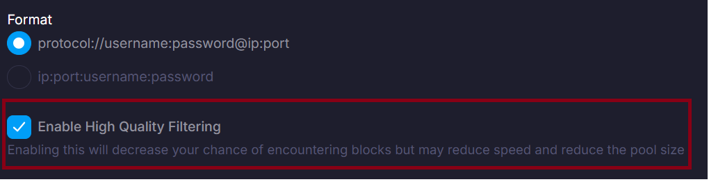 Enabling high-quality proxies option in the proxying dashboard