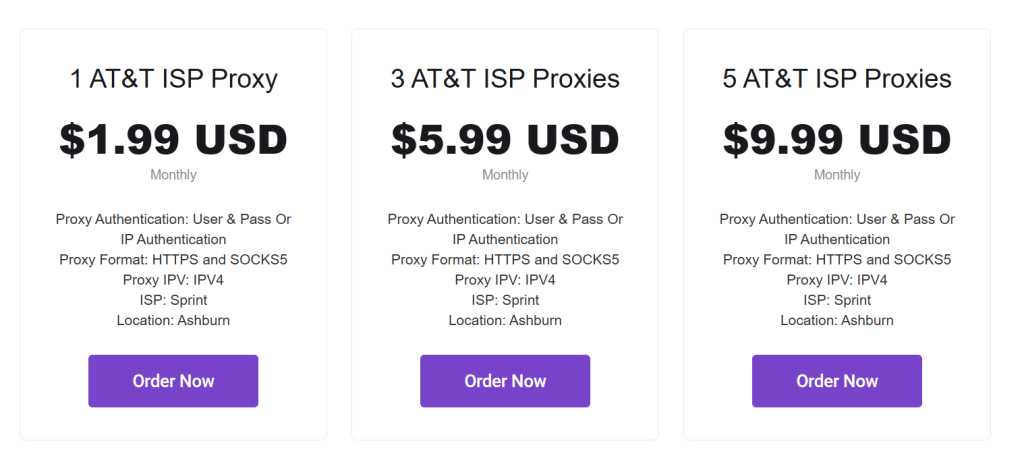 Pricing plan of AT&T ISP proxies of Proxyfish 1