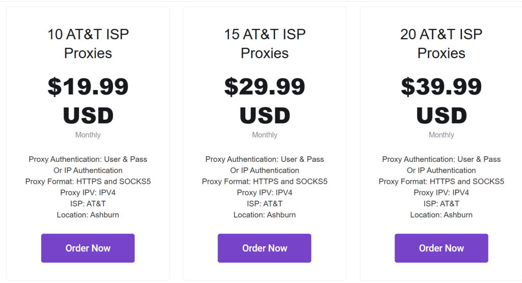 Pricing plan of AT&T ISP proxies of Proxyfish 2