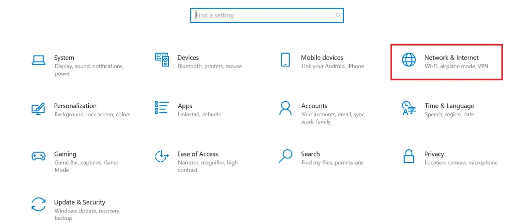 Network settings of windows