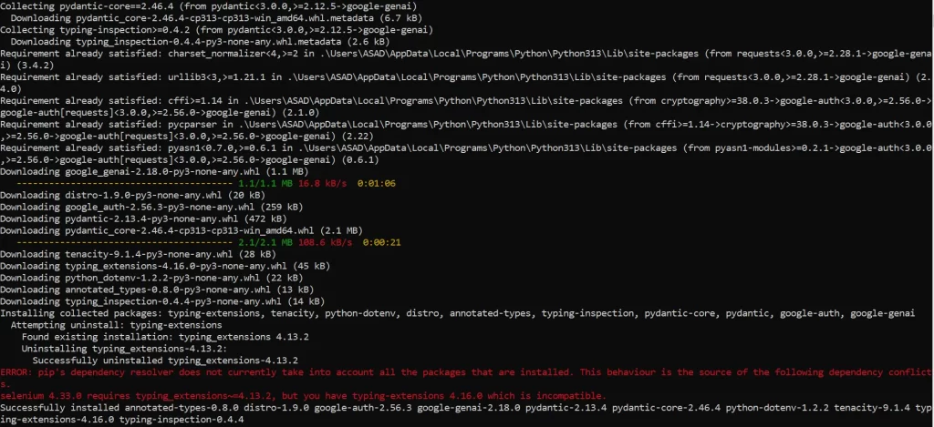 Terminal showing the pip install command completing with all packages successfully installed